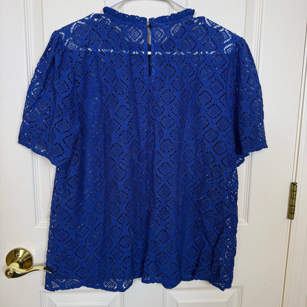LOFT Blue Lace Short Sleeve Top Sheer Ruffle Collar Large - Picture 2 of 6